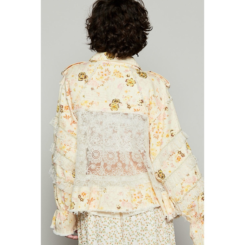 POL Cream Floral Twill and Lace Patchwork Jacket | Button Front - Picture 4 of 9